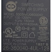 ADAPTADOR AC/DC SWITCHING / NUMERO DE PARTE S003AKU0600040 / 26-360040-4UL-128 / INPUT: 100-120V 60Hz 150mA / OUTPUT: 6.0V - 400mA	